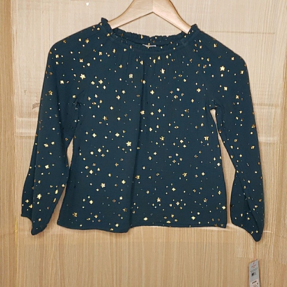 Cat & Jack Girls New Green Gauzy Long Sleeve Metallic Star Print Top 6-6X